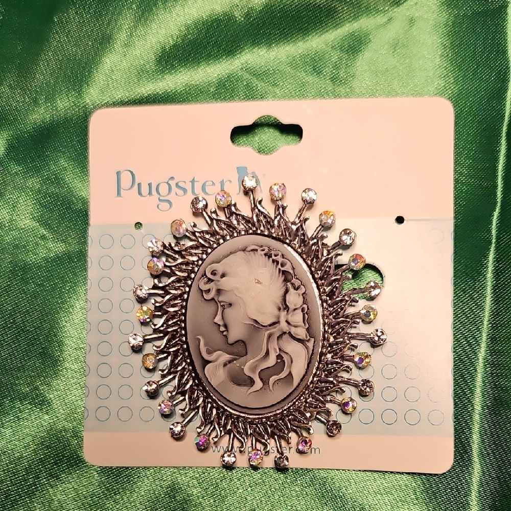 Pugster Silver Ornate Brooch with Cameo Design